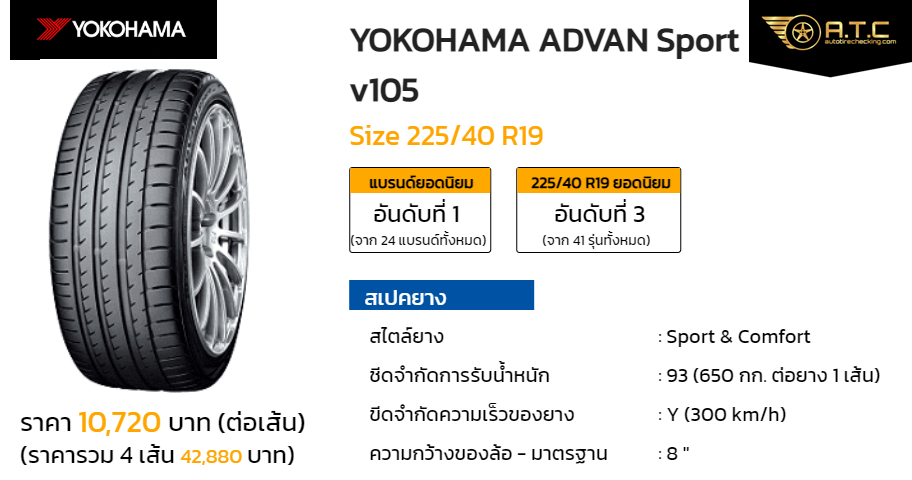 YOKOHAMA ADVAN Sport v105 225/40 R19 ราคา ยาง ยางรถยนต์