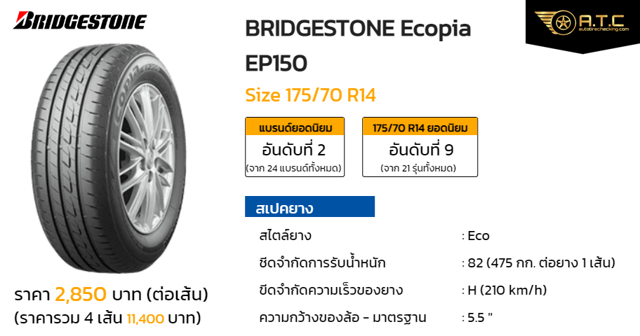 BRIDGESTONE Ecopia EP150 175/70 R14 ราคา ยาง ยางรถยนต์