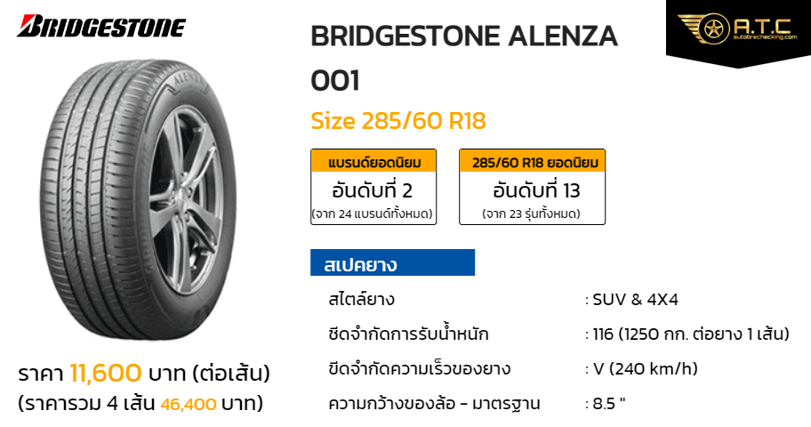 BRIDGESTONE ALENZA 001 285/60 R18 ราคา ยาง ยางรถยนต์