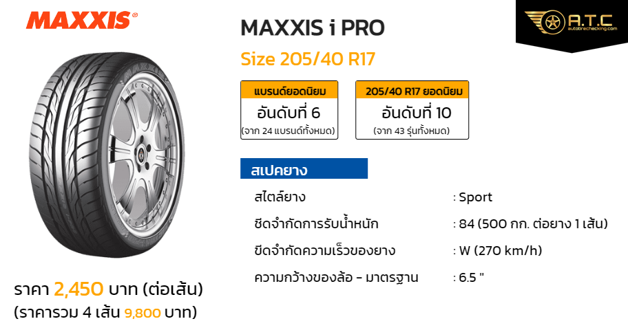 Maxxis I Pro 205/40 R17 ราคา ยาง ยางรถยนต์ - Autotirechecking