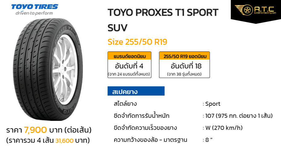 TOYO PROXES T1 SPORT SUV 255/50 R19 ราคา ยาง ยางรถยนต์