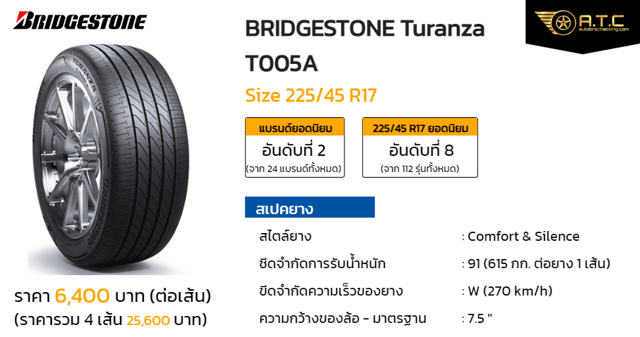 BRIDGESTONE Turanza T005A 225/45 R17 ราคา ยาง ยางรถยนต์