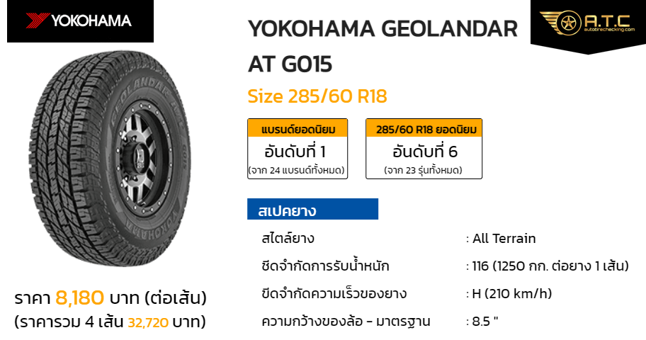 YOKOHAMA GEOLANDAR AT G015 285/60 R18 ราคา ยาง ยางรถยนต์