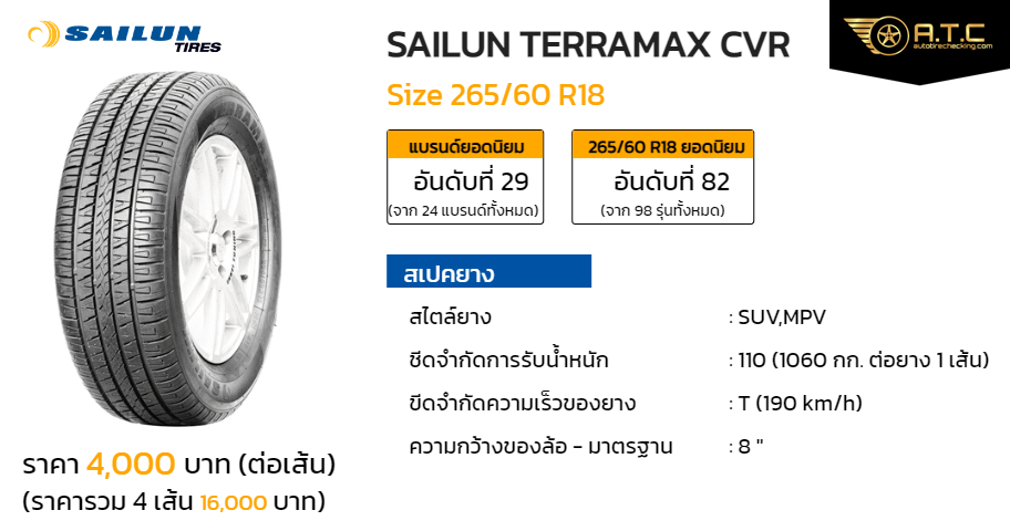 SAILUN TERRAMAX CVR 265/60 R18 ราคา ยาง ยางรถยนต์ - autotirechecking