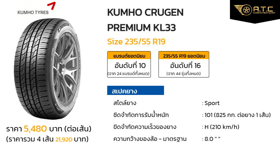 KUMHO CRUGEN PREMIUM KL33 235/55 R19 ราคา ยาง ยางรถยนต์