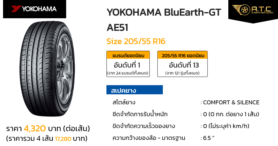 YOKOHAMA BluEarth-GT AE51 205/55 R16 ราคา ยาง ยางรถยนต์