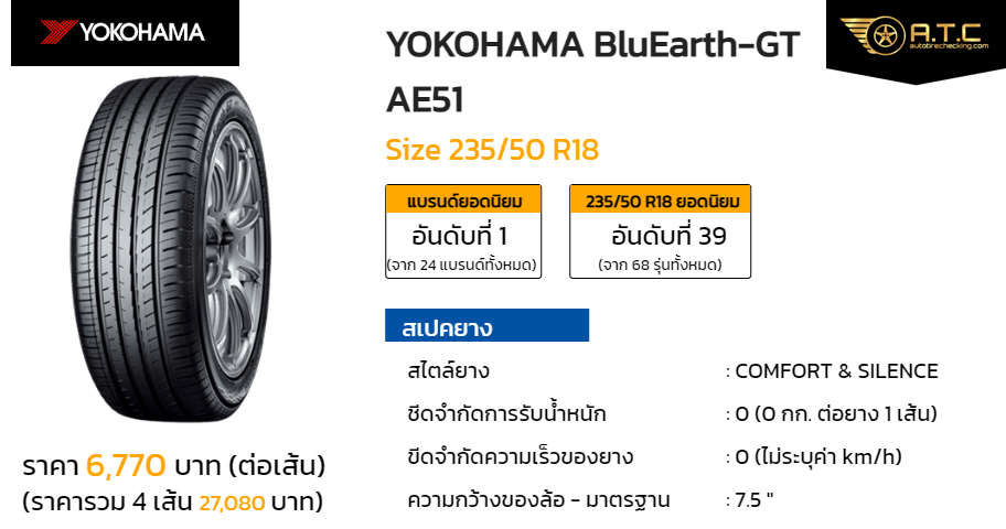 YOKOHAMA BluEarth-GT AE51 235/50 R18 ราคา ยาง ยางรถยนต์