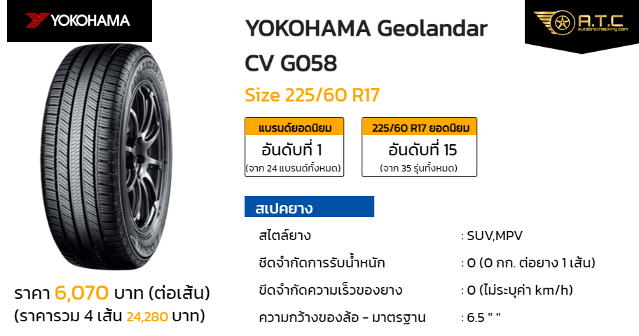 YOKOHAMA Geolandar CV G058 225/60 R17 ราคา ยาง ยางรถยนต์