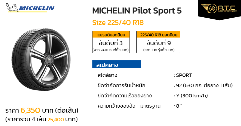 MICHELIN Pilot Sport 5 225/40 R18 ราคา ยาง ยางรถยนต์ - autotirechecking