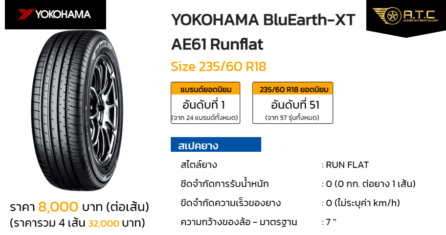 YOKOHAMA BluEarth-XT AE61 Runflat 235/60 R18 ราคา ยาง ยางรถยนต์